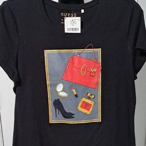 Guess Black Tee with Red and Gold Graphic